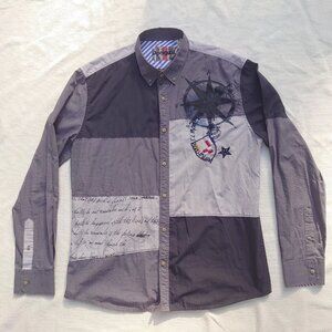 We Love Desigual Long Sleeve Grey Shirt Patchwork Compass XL Embroidery Funky